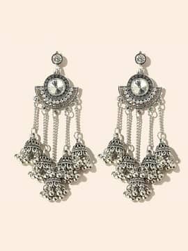 a pair of Rhinestone Decor Drop Jhumka Earrings by Rhinestone Decor Drop Jhumka Earrings on a white background.